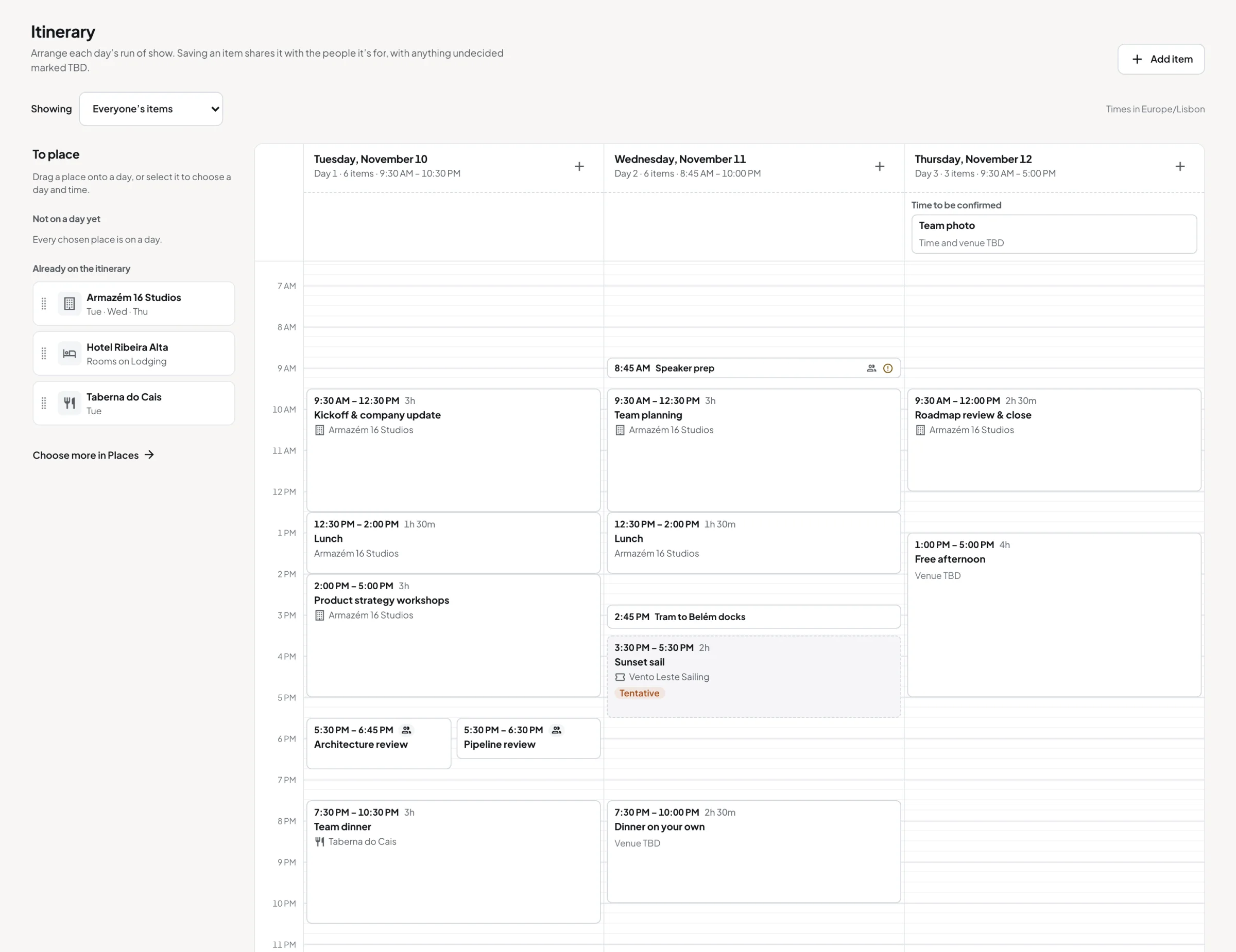 A three-day offsite calendar side by side: a kickoff, workshops and lunches, evening reviews for smaller groups, a tentative sunset sail and a team dinner, beside the chosen places that can be dragged onto a day.