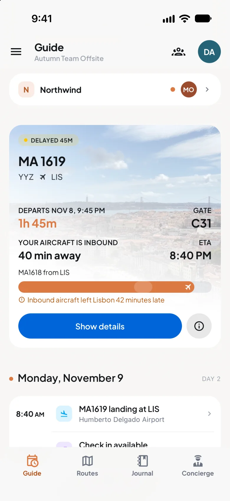 An attendee's delayed flight to Lisbon in Trip7: 45 minutes late, departing in 1 hour 45 minutes from gate C31, with the inbound aircraft 40 minutes away.